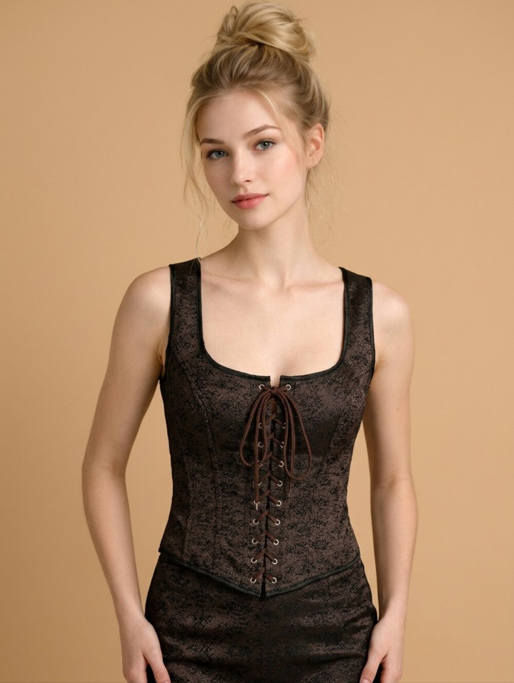 Charmian Jacquard Floral Corset Cincher Busk Front Lace Up Back Brown 6XL Womens